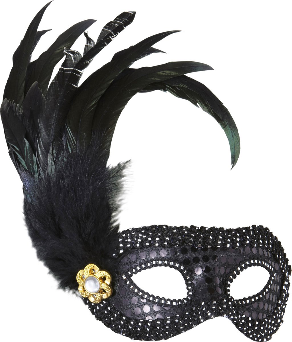 Oogmasker Zwart Met Glimmende Stenen En Veren | Carnavalskleding | Verkleedkleding